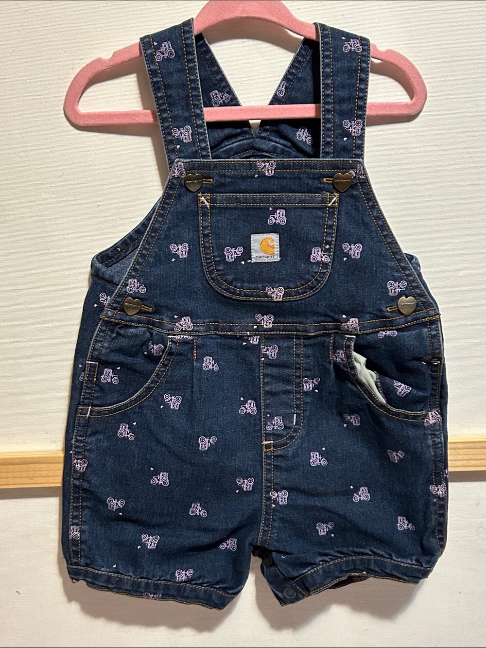 Carhartt Navy Denim Short Overalls with Pink Bicycle Print